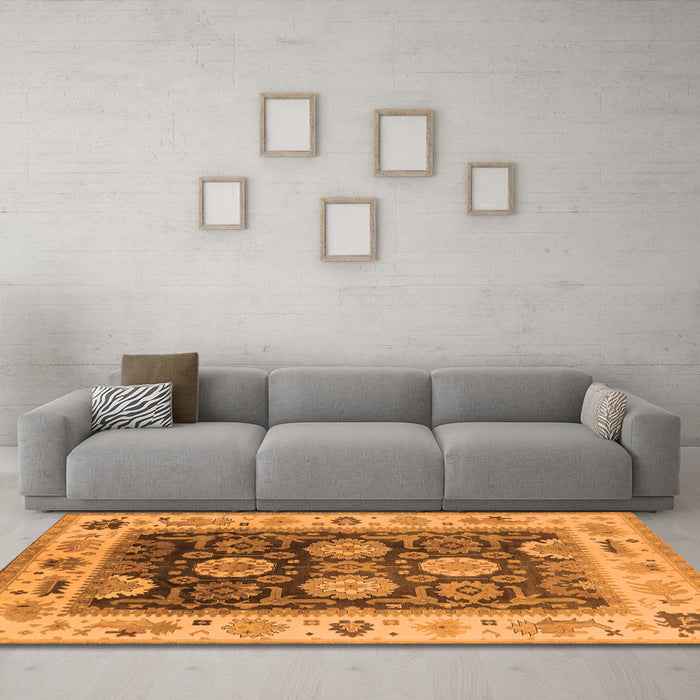 Machine Washable Oriental Orange Traditional Area Rugs in a Living Room, wshurb1411org