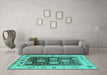 Machine Washable Oriental Turquoise Traditional Area Rugs in a Living Room,, wshurb1411turq