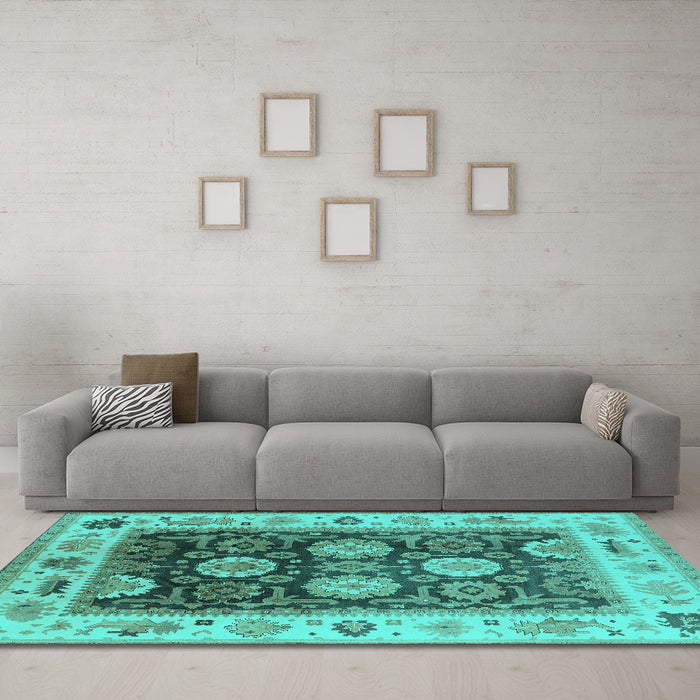 Machine Washable Oriental Turquoise Traditional Area Rugs in a Living Room,, wshurb1411turq