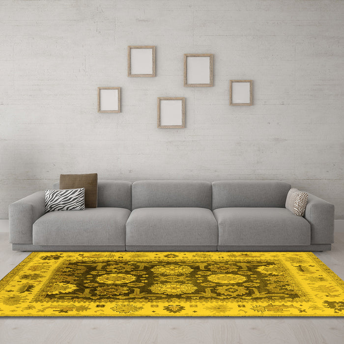 Machine Washable Oriental Yellow Traditional Rug in a Living Room, wshurb1411yw