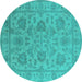 Round Machine Washable Oriental Turquoise Industrial Area Rugs, wshurb1412turq