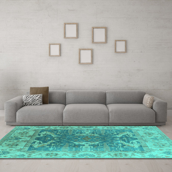 Machine Washable Oriental Turquoise Traditional Area Rugs in a Living Room,, wshurb1413turq