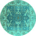 Round Machine Washable Oriental Turquoise Traditional Area Rugs, wshurb1413turq