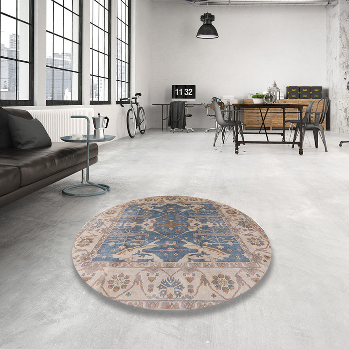 Round Mid-Century Modern Tan Brown Oriental Rug in a Office, urb1413
