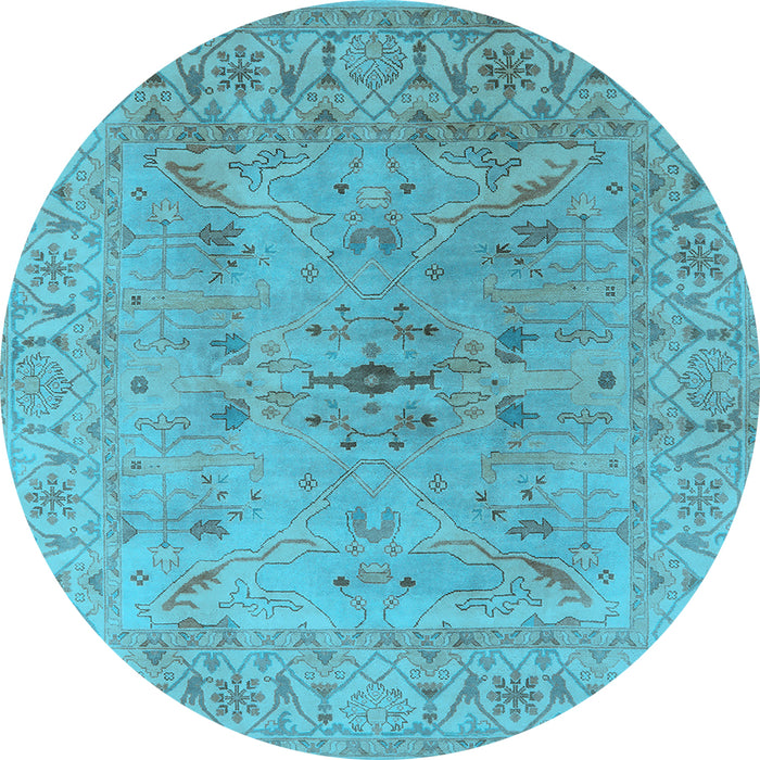 Round Machine Washable Oriental Light Blue Traditional Rug, wshurb1414lblu
