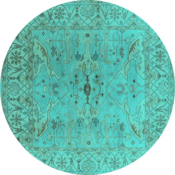 Round Machine Washable Oriental Turquoise Traditional Area Rugs, wshurb1414turq