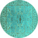 Round Machine Washable Oriental Turquoise Traditional Area Rugs, wshurb1415turq