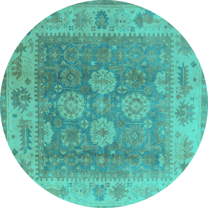 Round Machine Washable Oriental Turquoise Traditional Area Rugs, wshurb1416turq