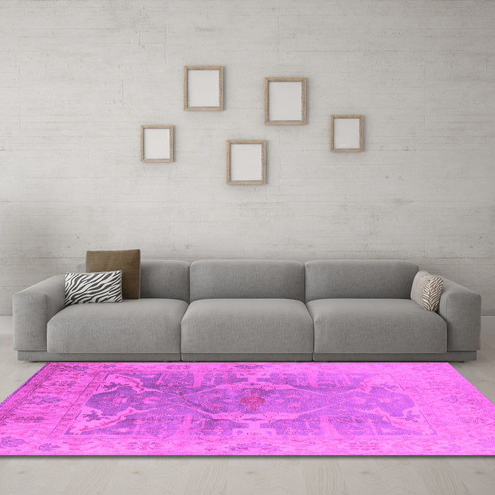 Machine Washable Oriental Pink Traditional Rug in a Living Room, wshurb1417pnk