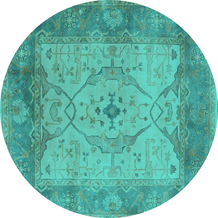 Round Machine Washable Oriental Turquoise Traditional Area Rugs, wshurb1418turq