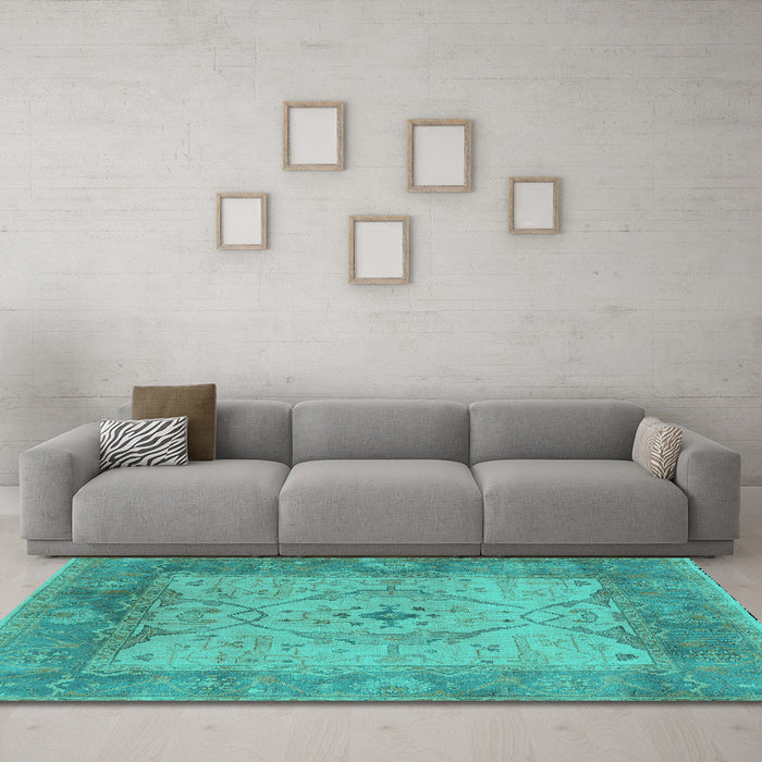 Machine Washable Oriental Turquoise Traditional Area Rugs in a Living Room,, wshurb1418turq