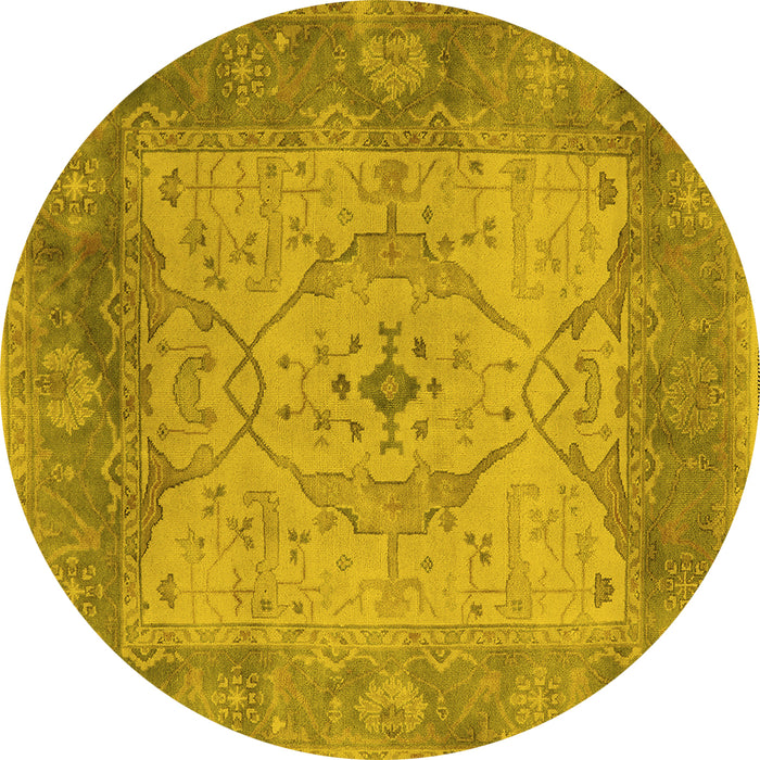 Round Machine Washable Oriental Yellow Traditional Rug, wshurb1418yw