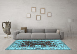 Machine Washable Oriental Light Blue Traditional Rug in a Living Room, wshurb1419lblu