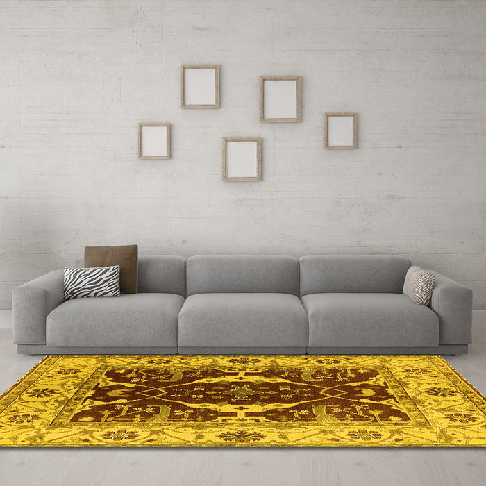 Machine Washable Oriental Yellow Traditional Rug in a Living Room, wshurb1419yw