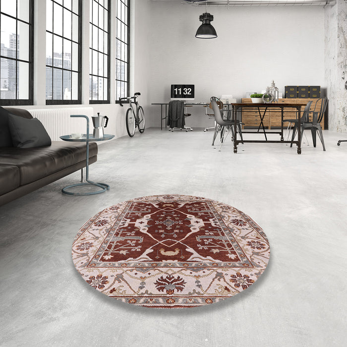 Round Mid-Century Modern Rose Pink Oriental Rug in a Office, urb1419