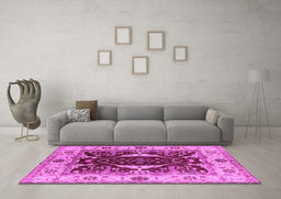 Machine Washable Oriental Pink Traditional Rug in a Living Room, wshurb1419pnk