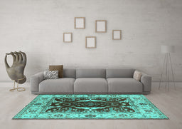 Machine Washable Oriental Turquoise Traditional Area Rugs in a Living Room,, wshurb1419turq