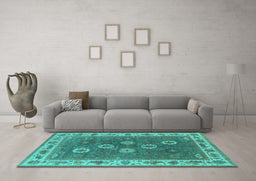 Machine Washable Oriental Turquoise Traditional Area Rugs in a Living Room,, wshurb1420turq