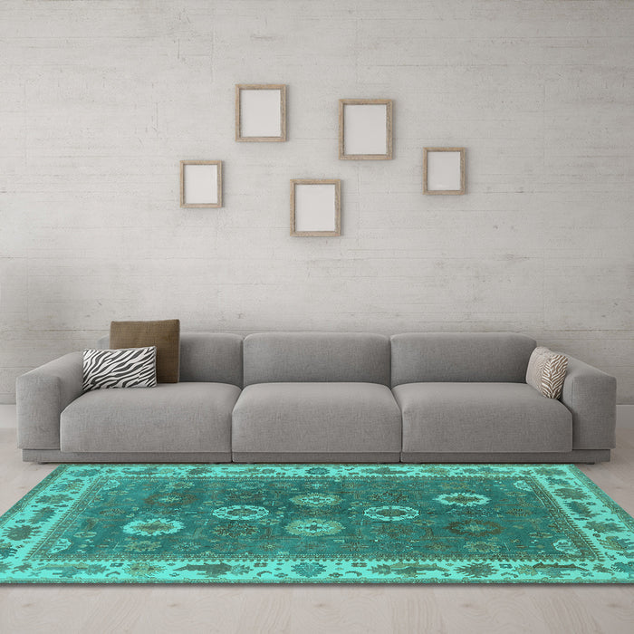 Machine Washable Oriental Turquoise Traditional Area Rugs in a Living Room,, wshurb1420turq