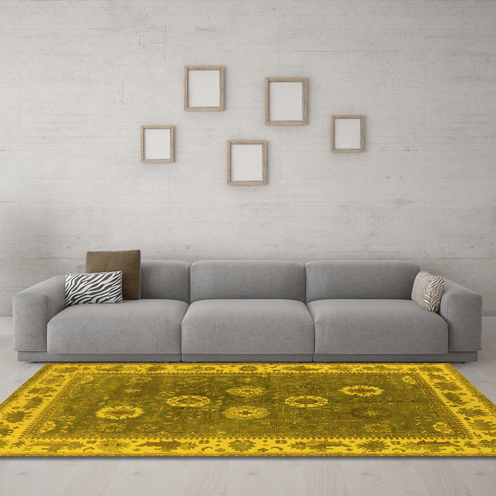 Machine Washable Oriental Yellow Traditional Rug in a Living Room, wshurb1420yw