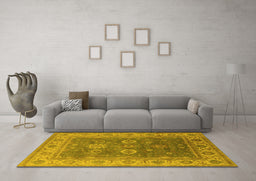 Machine Washable Oriental Yellow Traditional Rug in a Living Room, wshurb1421yw