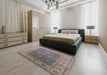 Mid-Century Modern Sandstone Brown Oriental Rug in a Bedroom, urb1421
