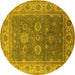 Round Machine Washable Oriental Yellow Traditional Rug, wshurb1421yw