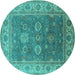 Round Machine Washable Oriental Turquoise Traditional Area Rugs, wshurb1421turq