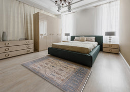 Mid-Century Modern Sandstone Brown Oriental Rug in a Bedroom, urb1422