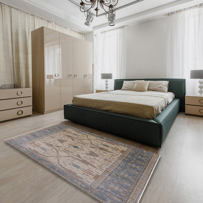 Mid-Century Modern Sandstone Brown Oriental Rug in a Bedroom, urb1422
