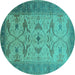 Round Machine Washable Oriental Turquoise Traditional Area Rugs, wshurb1422turq