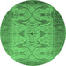 Round Machine Washable Oriental Emerald Green Traditional Area Rugs, wshurb1422emgrn