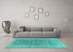 Machine Washable Oriental Turquoise Traditional Area Rugs in a Living Room,, wshurb1423turq