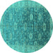 Round Machine Washable Oriental Turquoise Traditional Area Rugs, wshurb1424turq