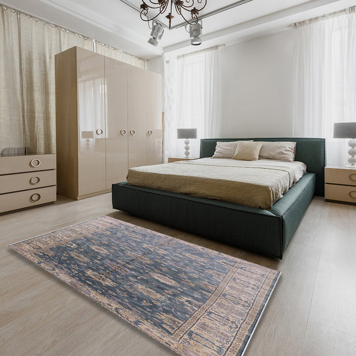 Mid-Century Modern Mist Blue Oriental Rug in a Bedroom, urb1424