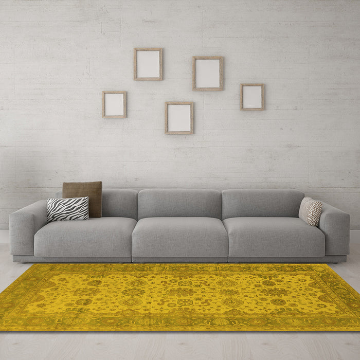 Machine Washable Oriental Yellow Traditional Rug in a Living Room, wshurb1428yw