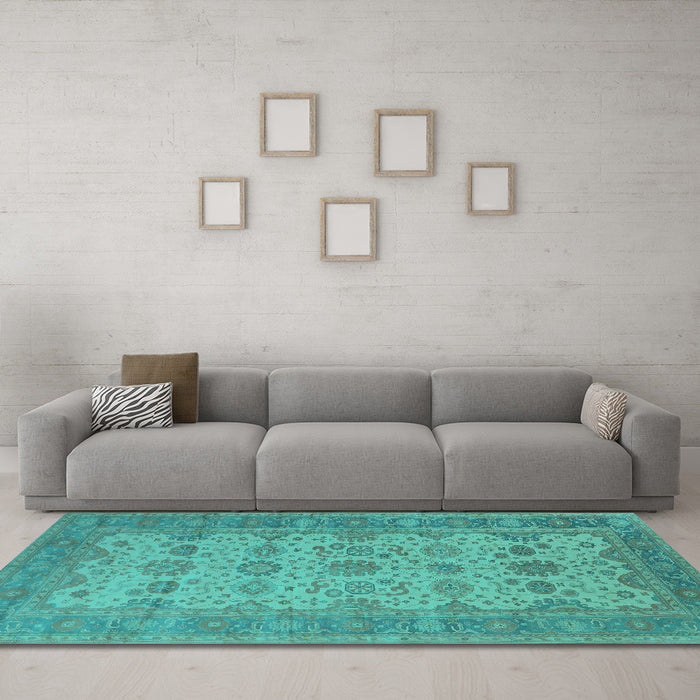 Machine Washable Oriental Turquoise Traditional Area Rugs in a Living Room,, wshurb1428turq