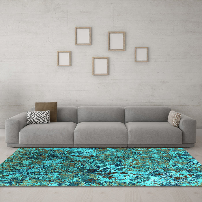 Machine Washable Oriental Turquoise Industrial Area Rugs in a Living Room,, wshurb1430turq