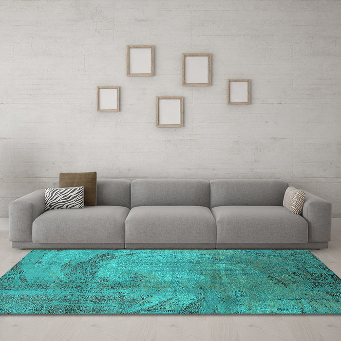Machine Washable Oriental Turquoise Industrial Area Rugs in a Living Room,, wshurb1433turq