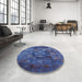 Round Mid-Century Modern Blue Oriental Rug in a Office, urb1434