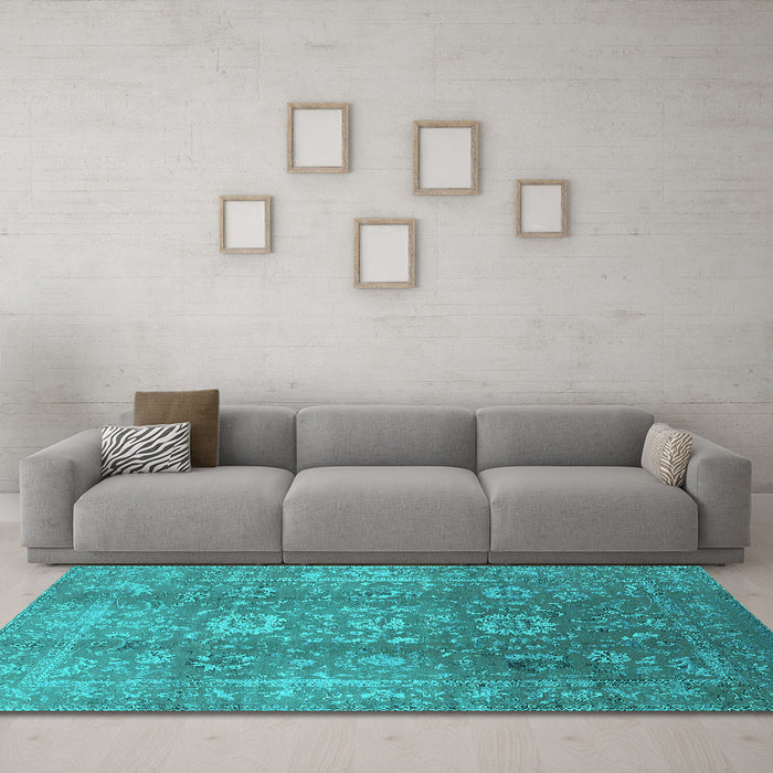 Machine Washable Oriental Turquoise Industrial Area Rugs in a Living Room,, wshurb1435turq