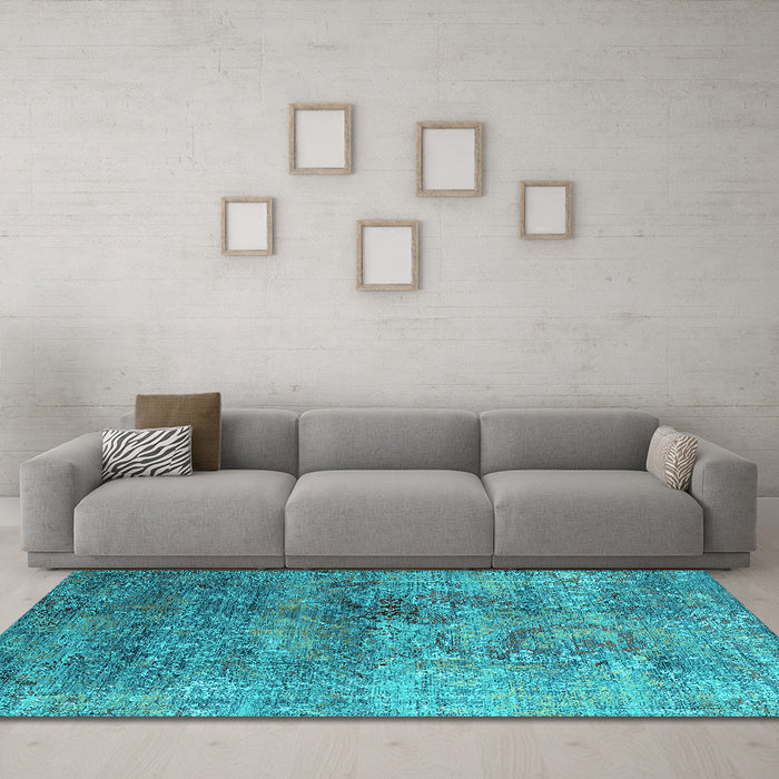 Machine Washable Oriental Turquoise Industrial Area Rugs in a Living Room,, wshurb1436turq