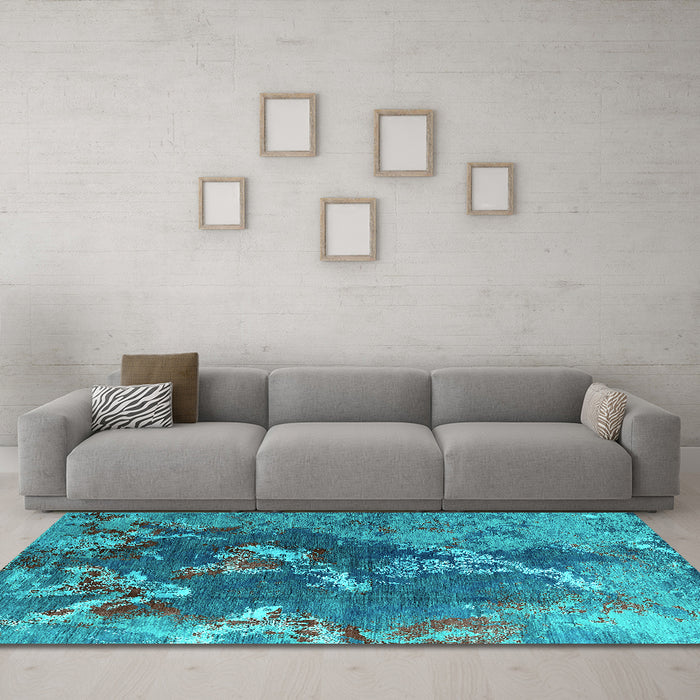 Machine Washable Oriental Turquoise Industrial Area Rugs in a Living Room,, wshurb1437turq