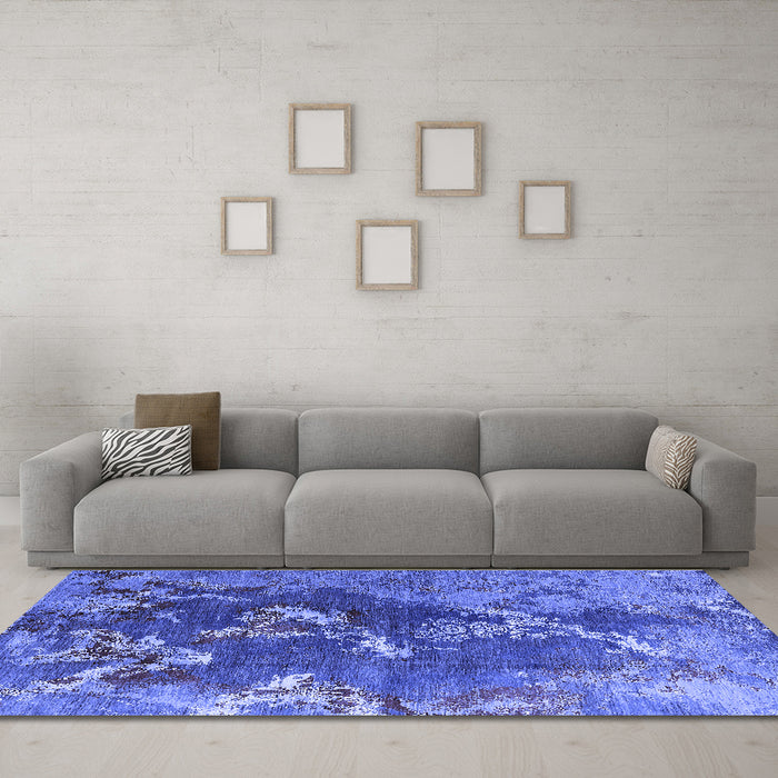 Machine Washable Oriental Blue Industrial Rug in a Living Room, wshurb1437blu
