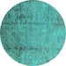 Round Machine Washable Oriental Turquoise Industrial Area Rugs, wshurb1441turq