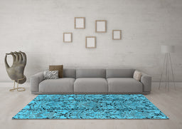 Machine Washable Oriental Light Blue Industrial Rug in a Living Room, wshurb1443lblu
