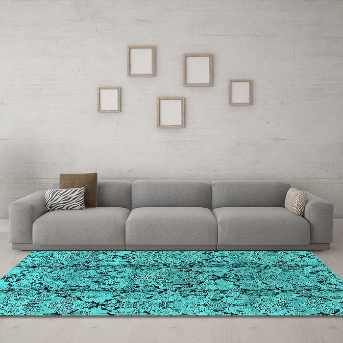 Machine Washable Oriental Turquoise Industrial Area Rugs in a Living Room,, wshurb1443turq