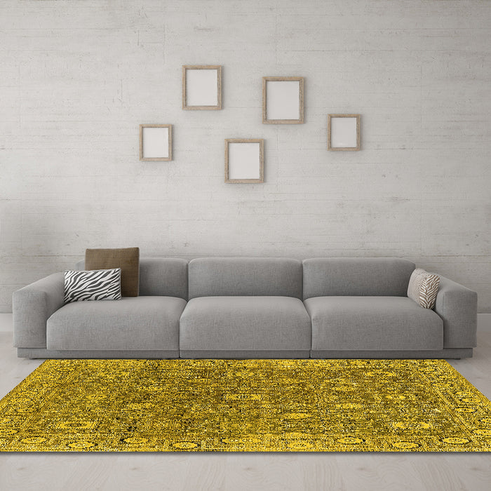 Machine Washable Oriental Yellow Industrial Rug in a Living Room, wshurb1445yw