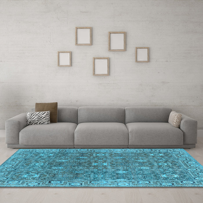 Machine Washable Oriental Light Blue Industrial Rug in a Living Room, wshurb1445lblu
