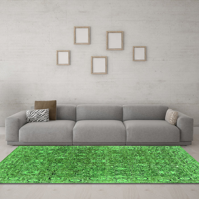 Machine Washable Oriental Green Industrial Area Rugs in a Living Room,, wshurb1445grn